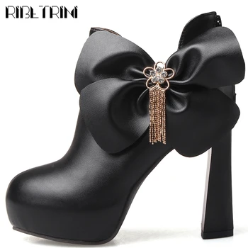 

RIBETRINI Elegant Lady Butterfly Knot Antumn Winter Shoes Woman Mature Ankle Boots Women 2020 High Thin Heels Woman Shoes