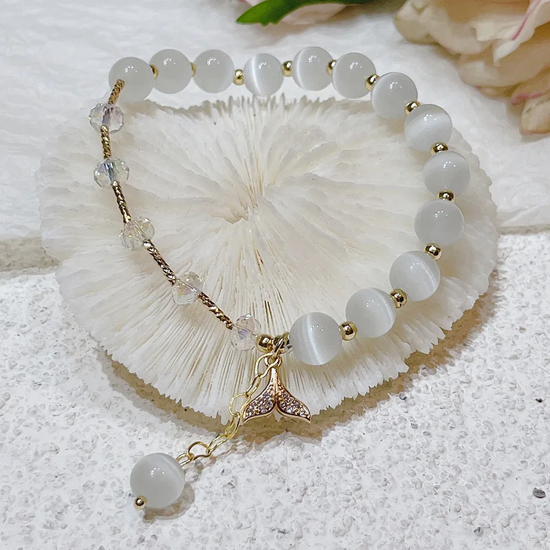 Cat/Fox/Moon/Mermaid Tail Lucky White Cat's Eye Stones Beaded Bracelets for Women Girls Fashion Jewelry Christmas Gifts
