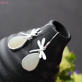 

silver s925 sterling silver set with natural hetian natural stone earrings fresh small enamel tassel women's silver earrings