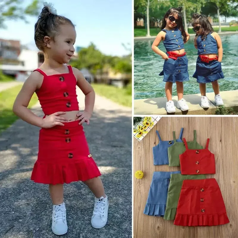 TELOTUNY New Toddler Baby Girls Suspender Pure Color Tank Tops Button Skirt Two Piece Suit Clothes Children Summer Set Outfits46