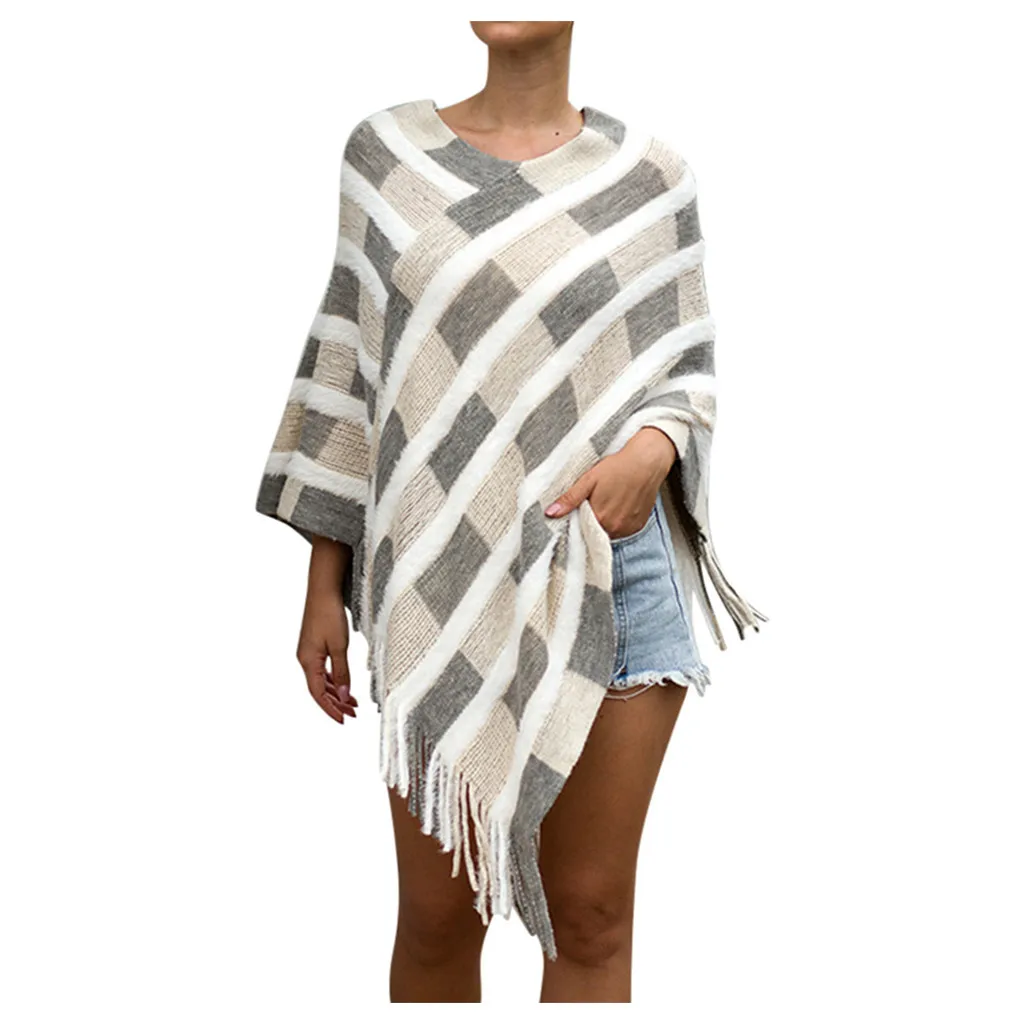 

Autumn Sweater Fashion Women Winter Knitted Cashmere Poncho Capes Shawl Cardigans Striped Irregular Sweater Cloak Coat