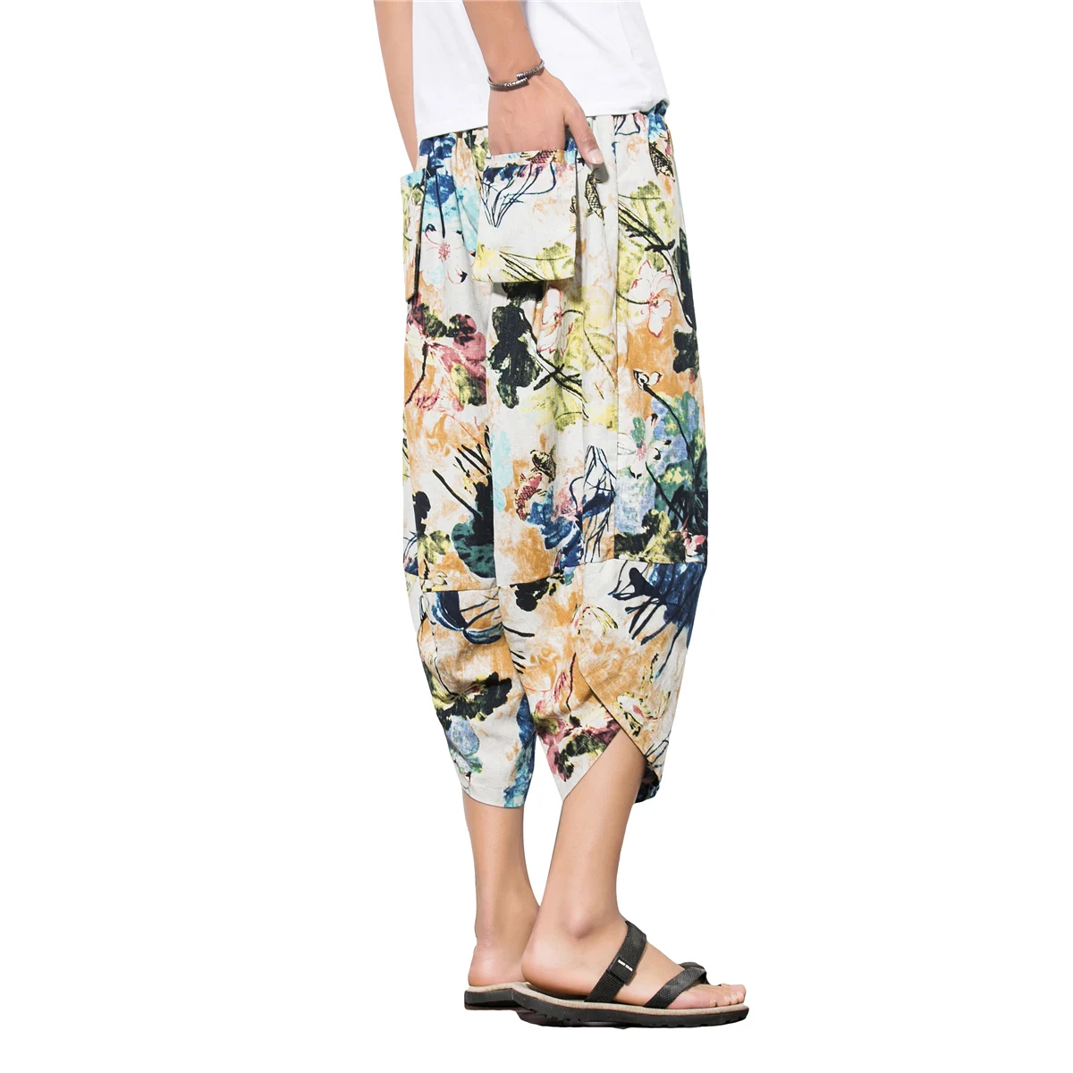 yellow 8 color Модные мужские свободные хлопковые льняные Мужские штаны Летние Пляжные штаны дорожные шаровары панковские мужские брюки-шаровары длиной до икры - Цвет: yellow 8 color