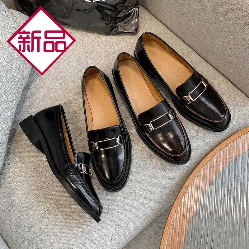 

2020 Spring New Style Square Buckle Shoes Genuine Leather round-Toe Low Chunky Heel Shoes Loafers WOMEN'S Shoes