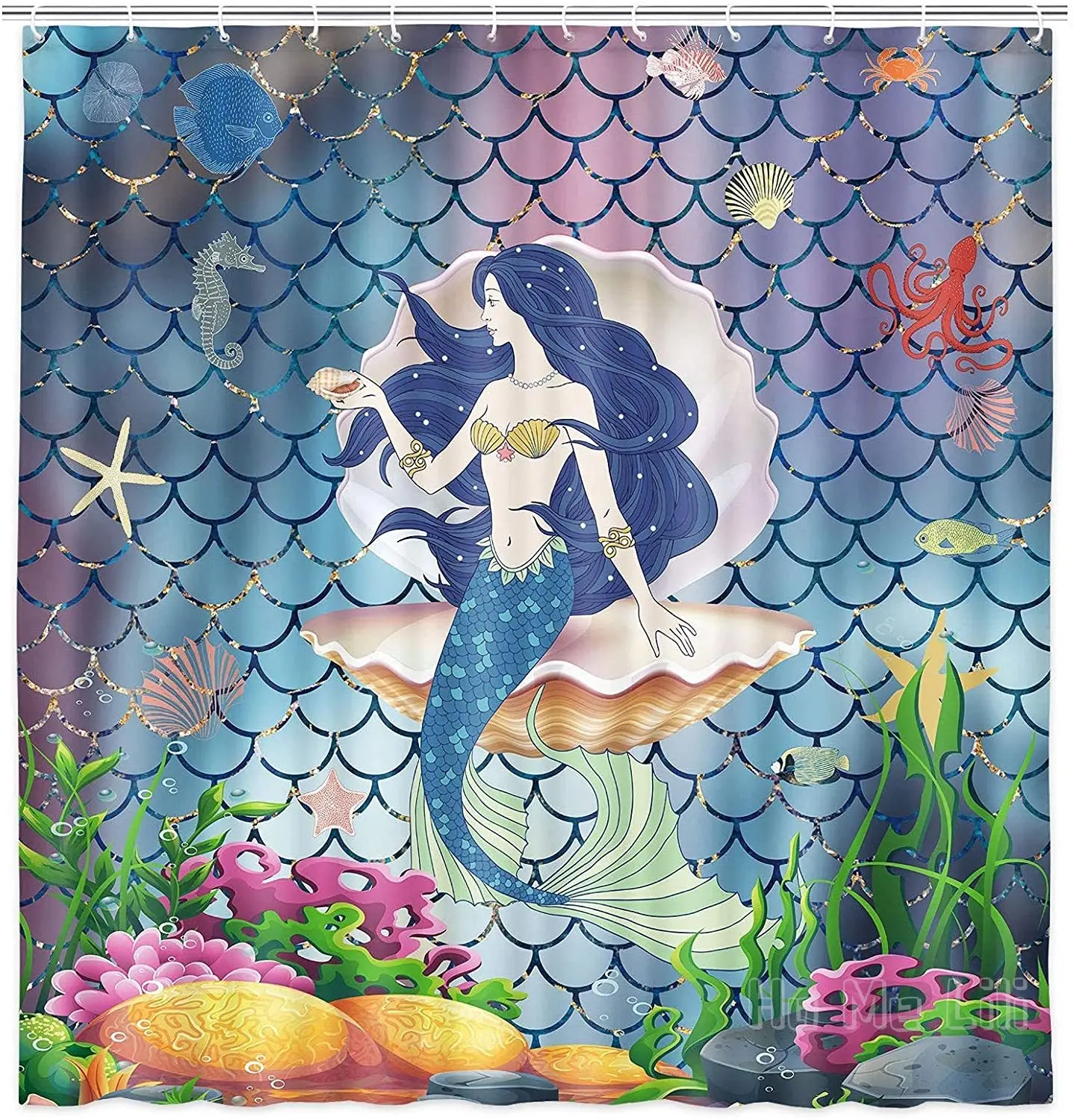 

Shower Curtain Underwater World Beautiful Mermaid Girl Sitting On The Seashells Bathroom Decor Waterproof