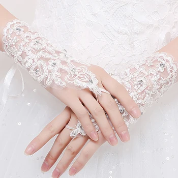 

1 Pair of Short Elegant Gloves Fingerless Bridal Lace Gloves Rhinestone Decorated White Lace Gloves for Wedding Party Accessory