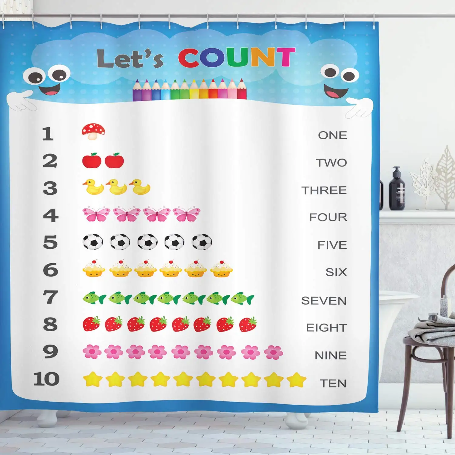 

Educational Shower Curtain, Count to Ten Numbers Nursery Play Children Learning with Cartoonish Items, Cloth Fabric Bathroom