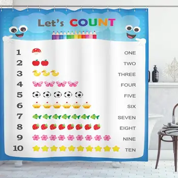 

Educational Shower Curtain, Count to Ten Numbers Nursery Play Children Learning with Cartoonish Items, Cloth Fabric Bathroom