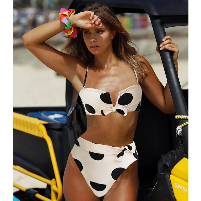 

Sexy V-Neck Retro Dot High Waist Bikini Set Swimwear Women Bow Bikinis Push Up Bathing Suit 2020 Summer New Beach Swimsuit Woman