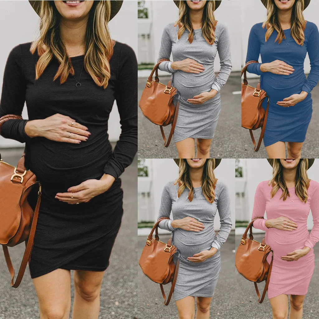 Pregnancy Dress Women Long Sleeve Bodycon O-Neck Irregular Solid Sexy Dresses Premama Maternity Dresses For Photoshoot Plus Size