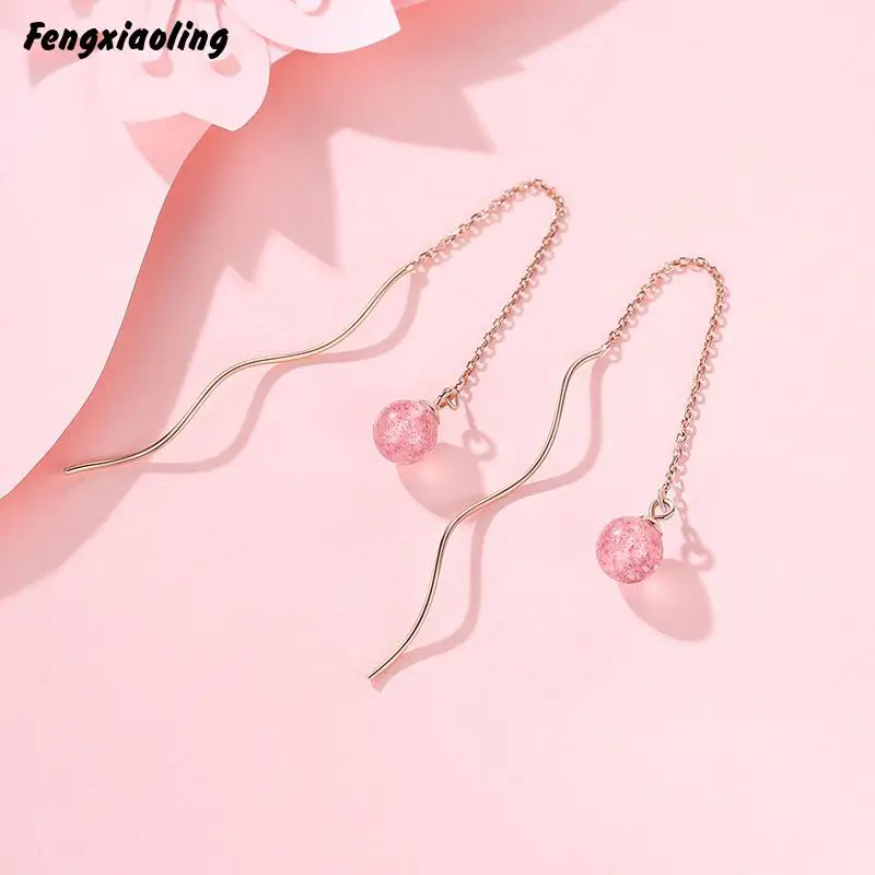 

Fengxiaoling 100% Genuine 925 Sterling Silver Strawberry Quartz Long Drop Earrings For Women Fine Jewelry Cute Accessories 2020