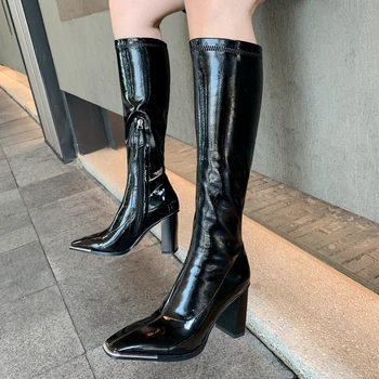 

DORATASIA Women Unique Dress Square Toe Knee High Shoes High Heels Autumn Boots Women Luxury Brand Black Long Boots