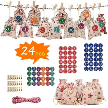 

24PCS Christmas Advent Calendar Countdown Bag Sack Hanging Gift Pouch With Clips Stickers 2021 Christmas Advent Calendar Bags