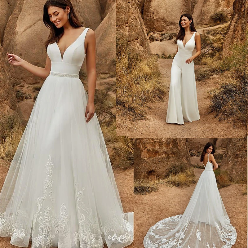 short wedding dresses 2021 Jumpsuits Wedding Dress V Neck With Detachable Long Skirt Beaded Lace Appliques Bridal Gowns Vestido Country Robe De Marié second hand wedding dresses