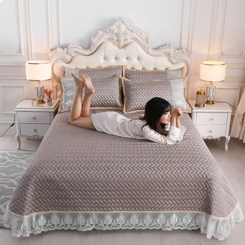 

New Summer Tencel Silk Soft Breathable Quilted White Lace Edge Bedspread Coverlet Bed Cover Set Bed sheet Pillowcase Bedding Set