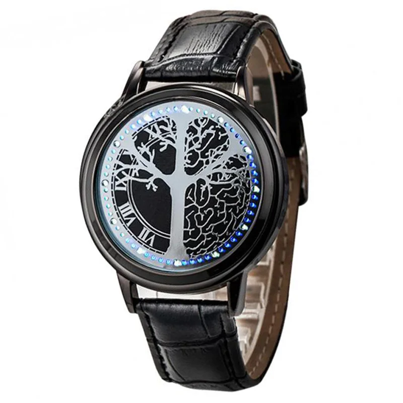 Модные Для мужчин LED-часы Для мужчин светодиодный часы с сенсорной панелью с рисунком дерева простой черный циферблат 60 синих огней часы relogio masculino