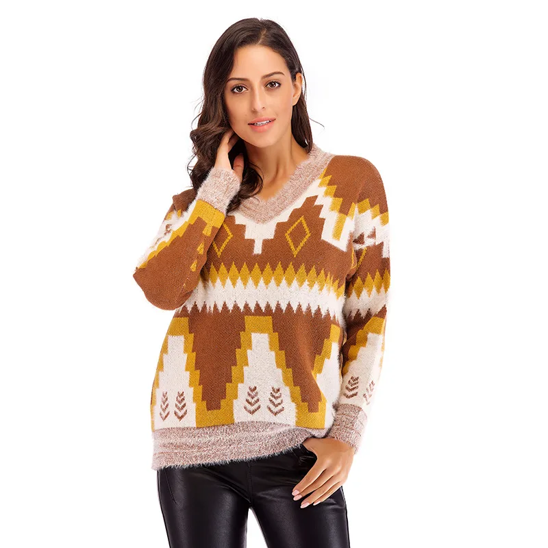 Regular Loose Women's Casual Sweater Pullover New Winter Knitted Base Sweater Fashion Printed V Neck Long Sleeves Loose Sweater Regular Loose Women's Casual Sweater Pullover New Winter Knitted Base Sweater Fashion Printed V Neck Long Sleeves Loose Sweater