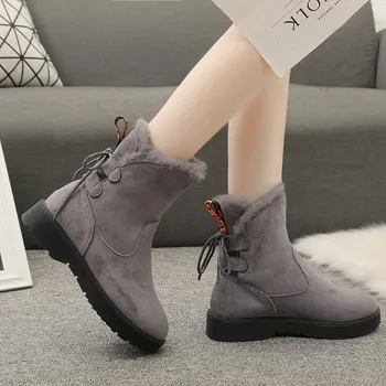 

Flat Leather Boots Women Zip Short Plush Winter Shoes Women Warm Ladies Boots Ankle Sewing Fashion Black Shoes Botas