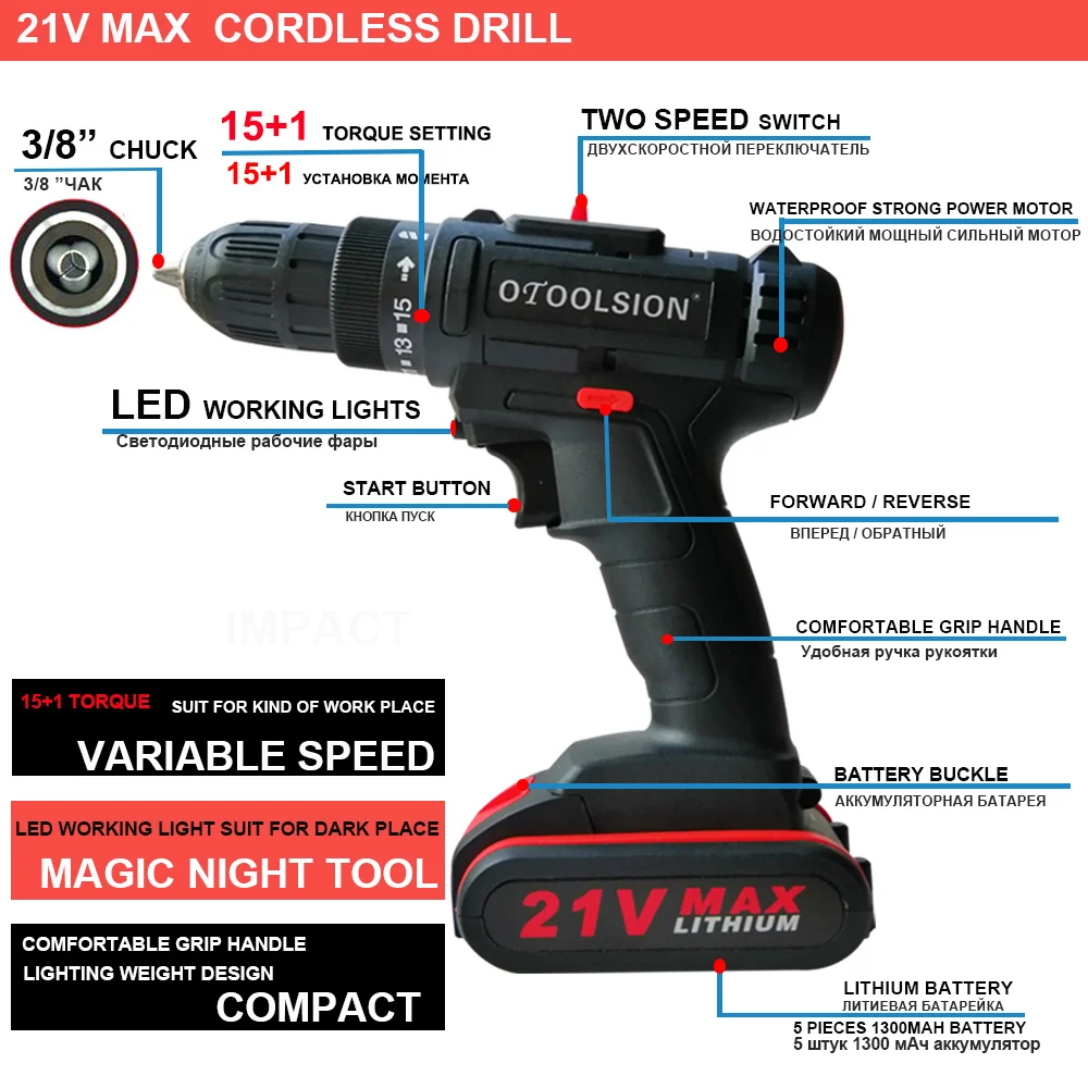 OTOOLSION 21V Cordless Drill Wireless Powerful Electric Screwdriver Drill Lithium-Ion Battery With Tool Box and Dual Speed