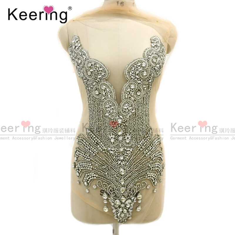 Hand-made  Silver And Champagne  Color Rhinestone Bodice appliqe for wedding Panel WDP-245