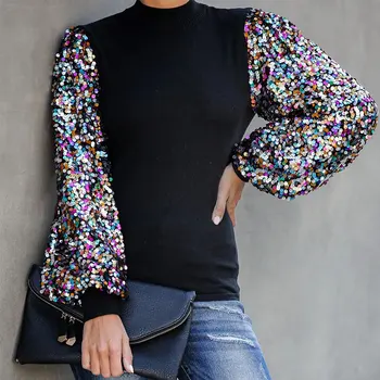 

Sequin Splicing Lantern Sleeve Shirt Women Half High Collar Female Blouse Tops Autumn Winter Casual Streetwear Ladies Shirts