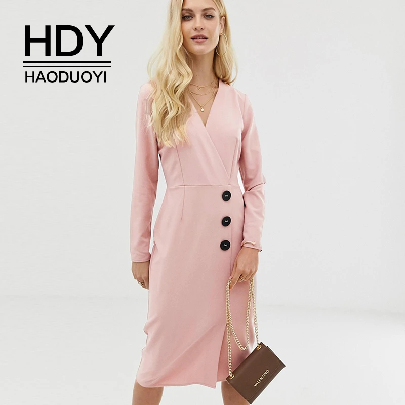 

HDY Haoduoyi New Fashion Commute Long Sleeve Long Wrap V-neck Waist Design Button Decoration Front Fork Solid Color Dress