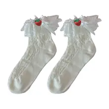 Женские милые хлопковые короткие носки в стиле Лолиты; милые кружевные Чулочные изделия с клубничным бантом; 95AB
