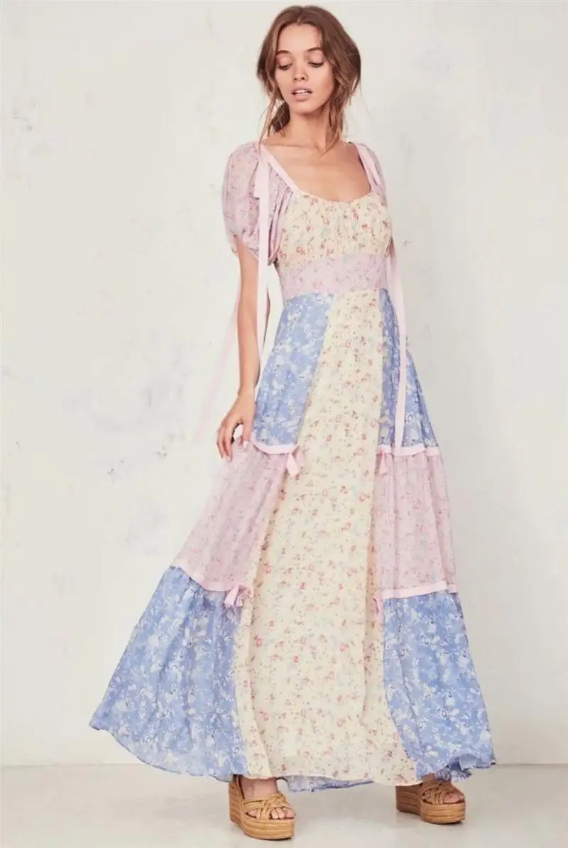 Богемный Вдохновленный цветочный пэчворк летнее платье пышные рукава шикарное бохо платье для женщин длинные ленты квадратный вырез платье женское