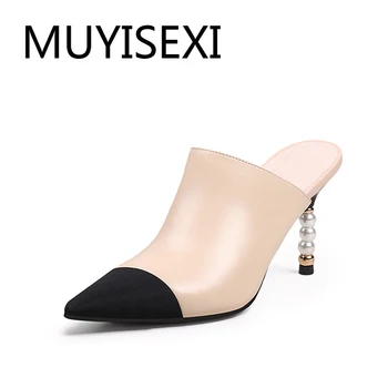 

Apricot 9cm super high thin heel genuine leather pointed toe mixed colors office slip on mules summer lady shoes HL212 MUYISEXI