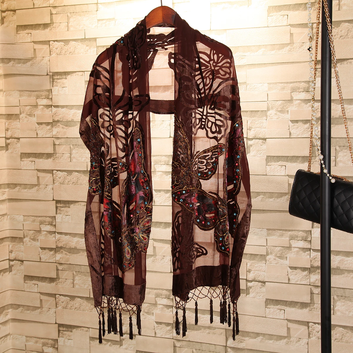 

Women Shawl Scarves Pashmina Exquisite Butterfly Beads Tassels Echarpes Kerchief Silk Soft Chal Wool Blend Ultra Long Stole