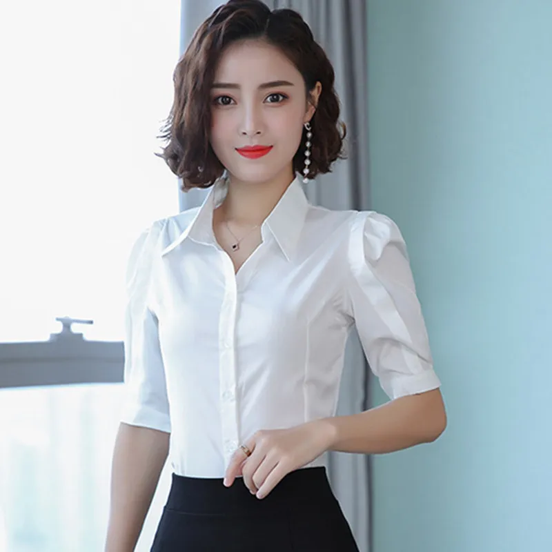 Korean Women Shirts Woman V Neck Blouses Shirt Women Chiffon White Shirts Tops Plus Size Office Lady Puff Sleeve Shirt Blouses