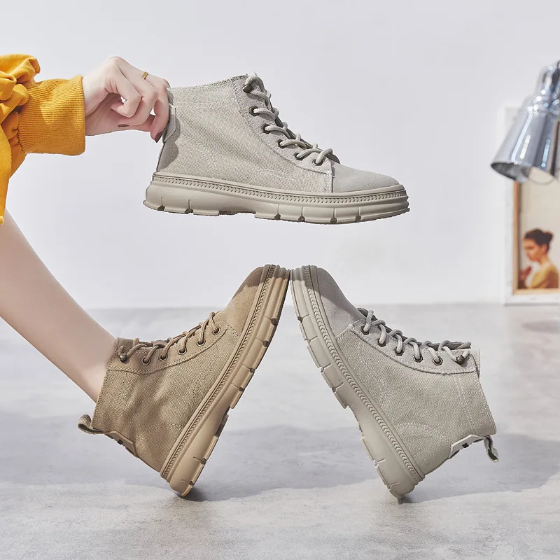 

2019 Autumn Women's round-Toe Casual WOMEN'S Leather Boots Lace up Front Martin Boots Semi-high Heeled WOMEN'S Shoes