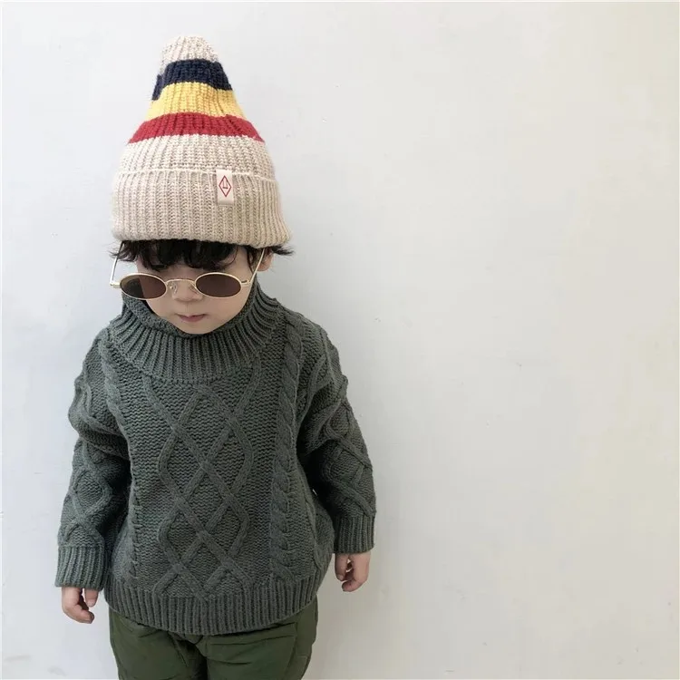 

Children High Collar Sweater Autumn & Winter Korean-style New Style Sweater Children Single Color Stripes Semi-High Collar Pullo