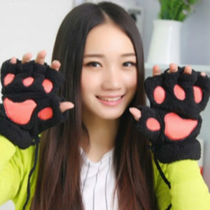 Winter Women Paw Gloves Fingerless Fluffy Bear Cat Plush Warm Ladies Half Covere