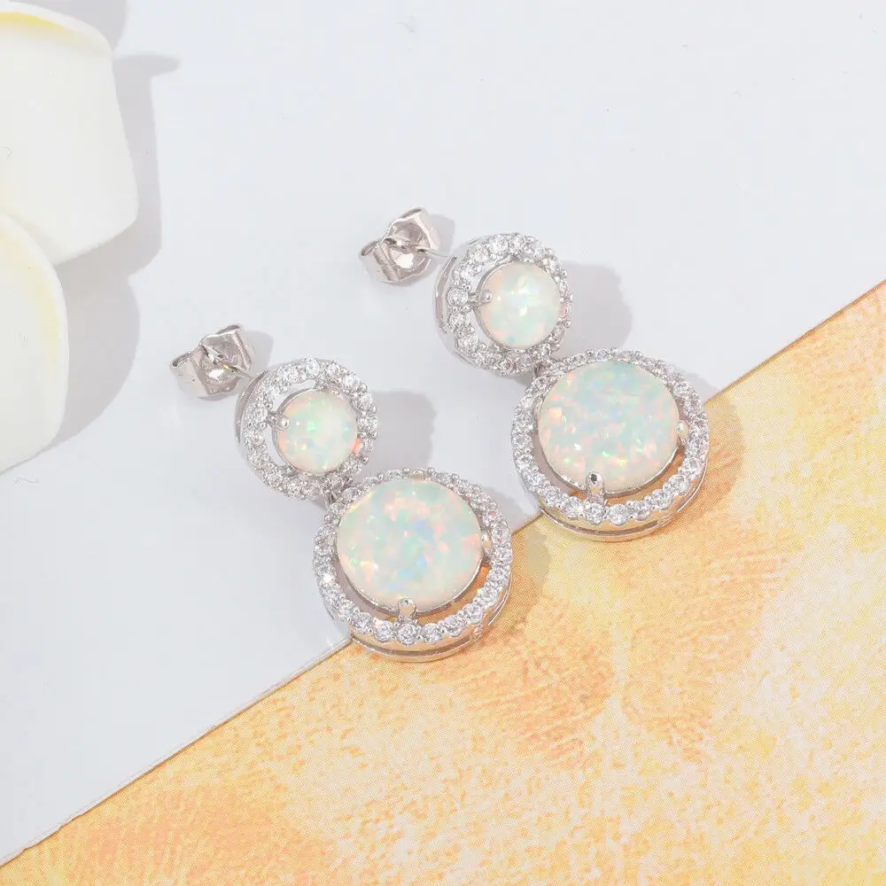 Женские серьги гвоздики с опалом Белым Круглым камнем|silver earrings|wholesale silver earringsearrings