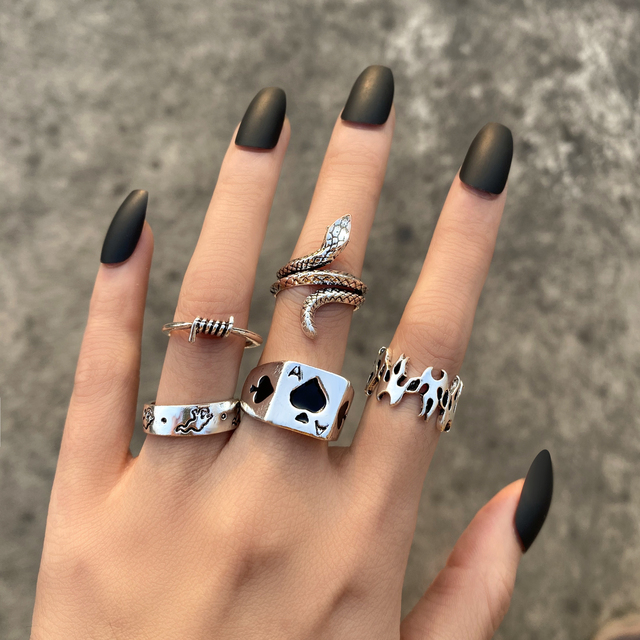 Silver Color Skull Heart Rings Set For Women Men Gothic Chain Retro Rings 2021 Trend Fashion Jewelry