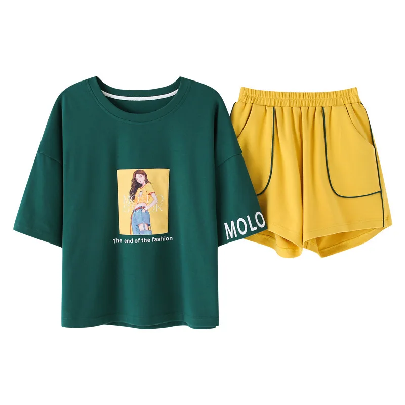 2020 2 Pieces Pajama Set Fashion Home Clothes Women Girl Nightwear Thin Loose Cotton Sleepwear Girlfriend Gift Suit Top + Shorts