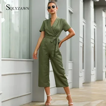 

Fashion Army Green V Neck Short Sleeve Jumpsuit Women Summer Bandage Lace Up Belt Elegant Overall Streetwear High Waist Romper