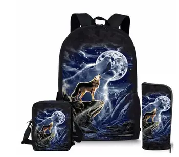 

3pcs/set Blue Wolf School Backpack for Teenage Boys Girls Children School Bag Set Student Book Bags Mochila Escolar