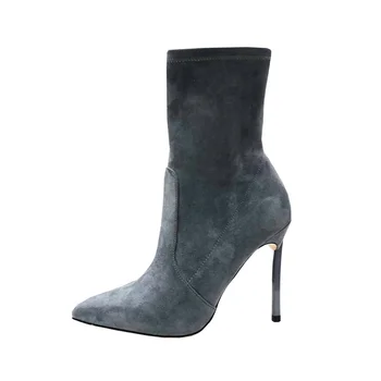 

Light Gray Pointed Elastic Boots Sexy Short Boots Spring Autumn Single Boots French Super High Heels Thin Heeled Women's Boots