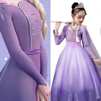 Girls Elsa Anna Long Hair Tangled Princess  Dress Sequins Fancy Cosplay Costume Purple Ball Gown Christmas Birthday Party  kids 1