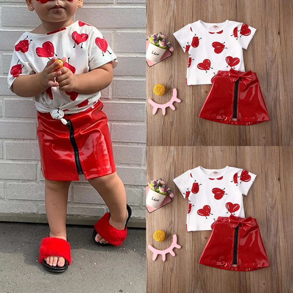 0-5 Years Kid Clothes Sets Baby Girl Love Printed T-shirt Tops and Girls Leather Zip Skirt Summer Outfits baby clothes mini set