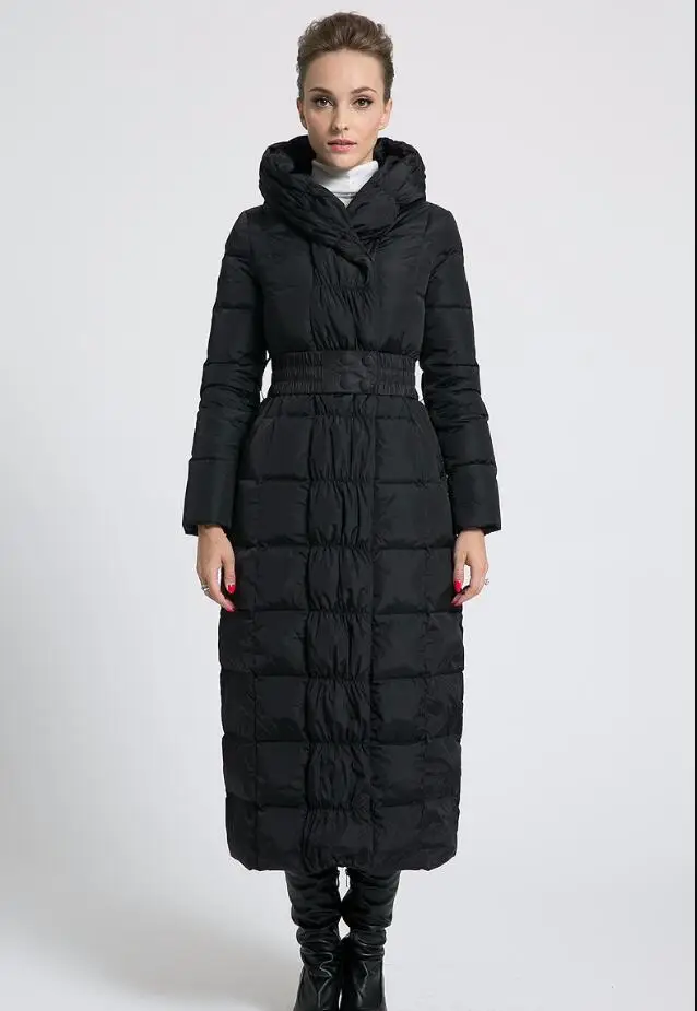 nouveau femmes hiver Long vers le bas vestes A capuche ceinture grande taille noir bleu морской Гранде фрахт