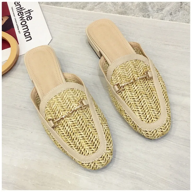 New Fashion Women Mules Slipper Low Heel Slip On Slide Sandals Cane Woven Beach Summer Slippers Flat Sandals - Цвет: Цвет: желтый