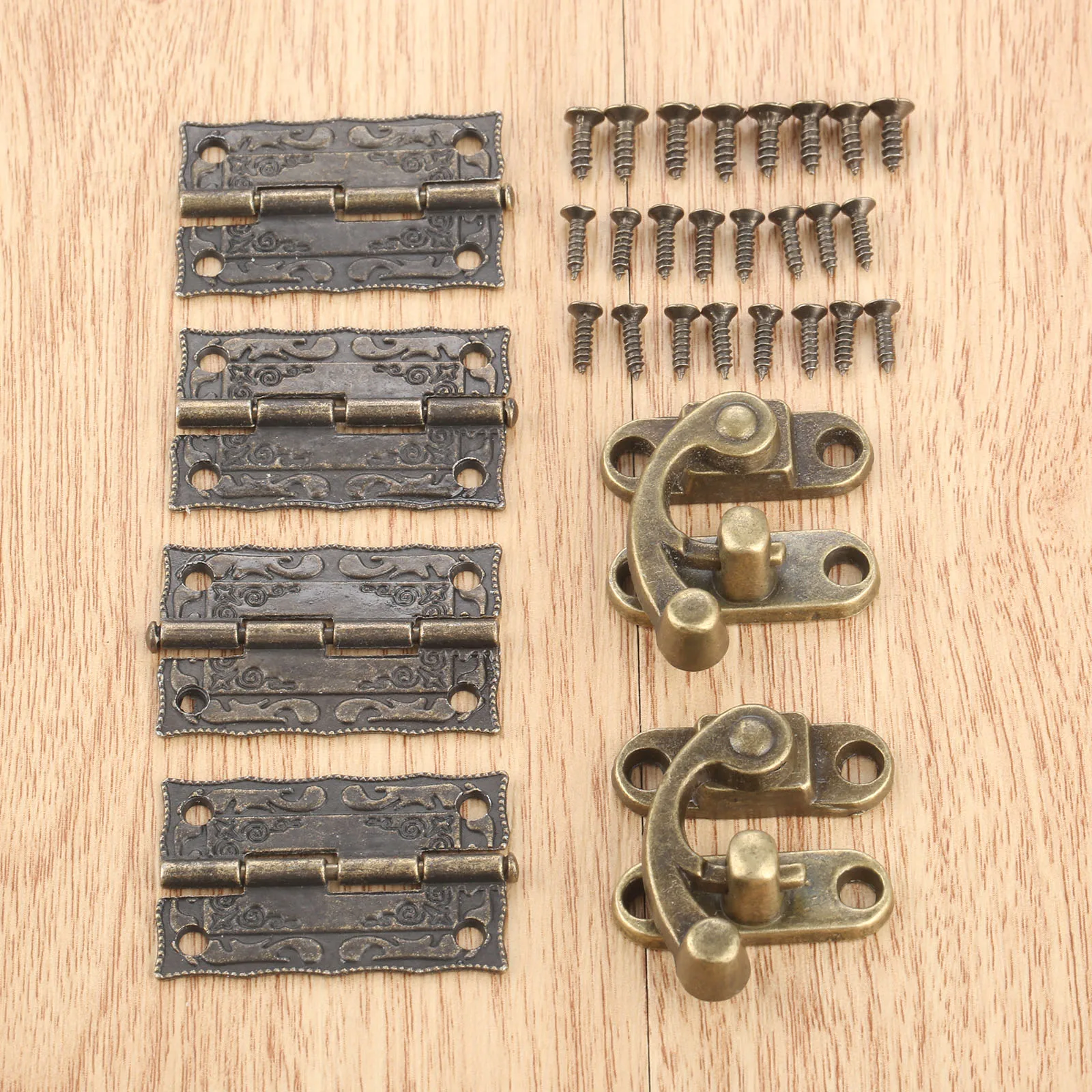 

4Pcs Furniture Decorative Cabinet Hinge Hardware Accessories with 2pcs Antique Bronze Jewelry Wooden Box Latch Hasp Clasp