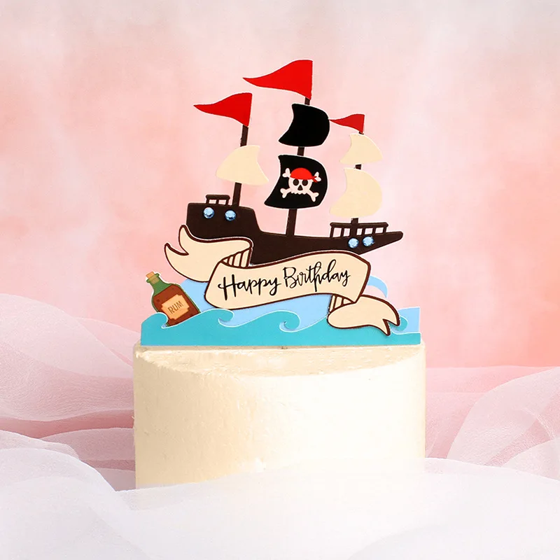 Pirate Theme Happy Birthday Paper Cake Topper Pirate Ship Skull Birthday Cake Topper Kid Birthday Party Cake Decoration Supplies Cake Decorating Supplies Aliexpress