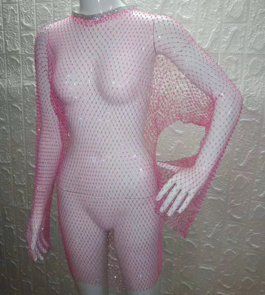 VIKINII Long Sleeve Hollow Summer Beach Crystal Dress 2020 Sexy Women Cover Ups Rhinestone Dresses Gold Beach Female Cover Ups