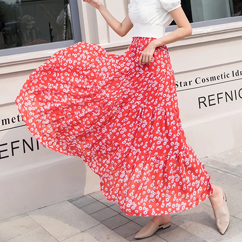 

Womens Half-Long Skirt Elastic Waist Chiffon Print Elegant Long Female Beach Holiday Floral Big-Swing Streetwear Female Bohemia