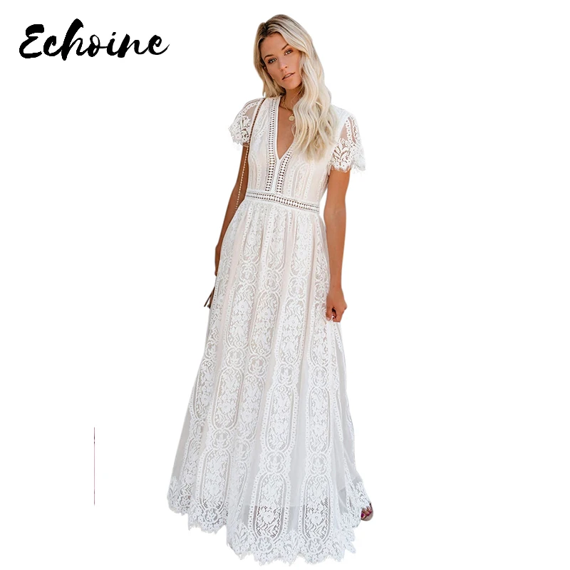 

Echoine White/Pink Fill Your Heart Lace Maxi Dress Women Summer V Neck Short Sleeve Hollow Out Beach Holiday Party Dresses S-XL