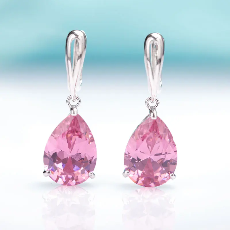 MAIKALE New Water Drop Gradient Blue Long Earrings Women Fashion Rose Gold Fine Jewelry Tourmaline Zircon Glass Dangle Earrings - Окраска металла: silver pink