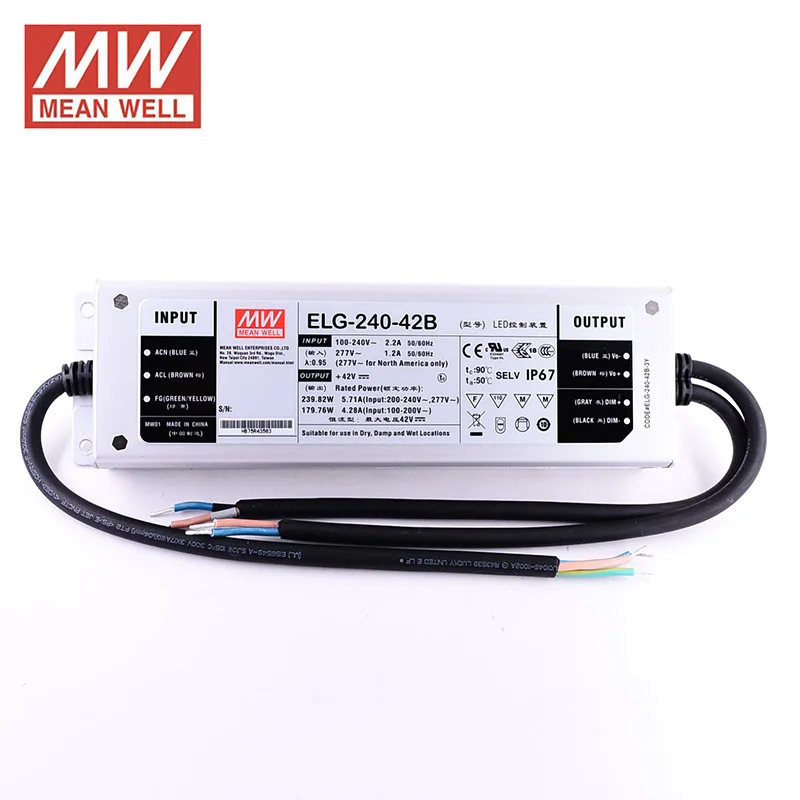 Бренд MEAN WELL представляет ELG-240-42B 240 Вт 42В светодиодный Регулируемый источник питания 110 V/220VAC до 42V DC 5.71A водонепроницаемый IP67 Meanwell светодиодный трансформатор